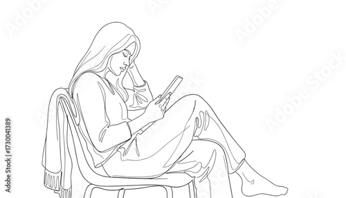 Vector art of line art sketch of a woman sitting in a chair, reading from a tablet, with a blanket draped over her shoulder 