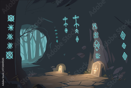 Showcasing Cave With Glowing Runes Bold Fantasy Elegant Creative Visual