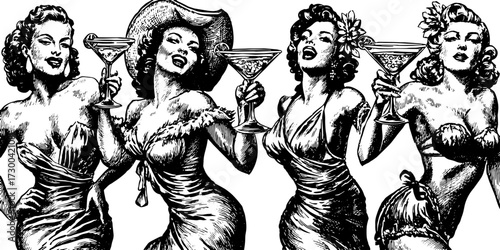 Vintage pinup women with drinks in a festive, social scene. Black and white vector illustration showcasing stylish outfits and cocktails in a set.