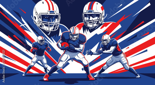 Mural style illustration of American football players in action, capturing intensity, teamwork, and strategy with bold colors and dynamic energy on the field