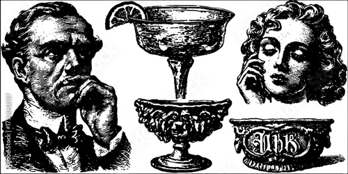 Vintage illustrations of a man and woman alongside cocktail glasses in a decorative set. Elegant black and white vector illustration.