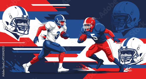 Mural style illustration of American football players in action, capturing intensity, teamwork, and strategy with bold colors and dynamic energy on the field