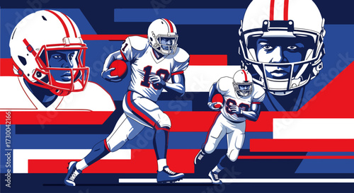 Mural style illustration of American football players in action, capturing intensity, teamwork, and strategy with bold colors and dynamic energy on the field