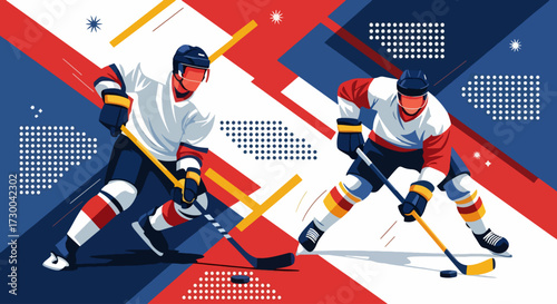 Mural style illustration of ice hockey players in action, showcasing speed, power, and teamwork on the rink with bold geometric shapes and vibrant colors