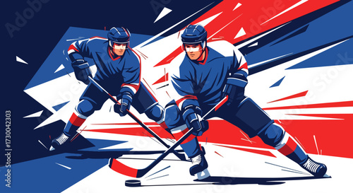 Mural style illustration of ice hockey players in action, showcasing speed, power, and teamwork on the rink with bold geometric shapes and vibrant colors