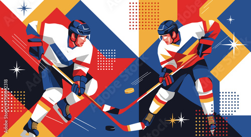 Mural style illustration of ice hockey players in action, showcasing speed, power, and teamwork on the rink with bold geometric shapes and vibrant colors