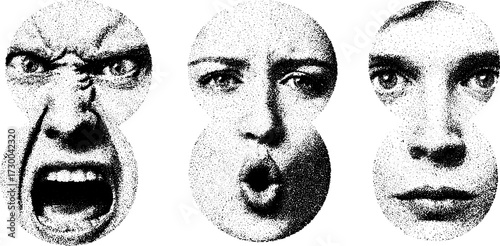 Faces showing various emotions: angry, surprised, and neutral. Minimalist black and white vector illustration in a circular design set.