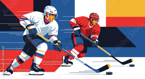 Mural style illustration of ice hockey players in action, showcasing speed, power, and teamwork on the rink with bold geometric shapes and vibrant colors