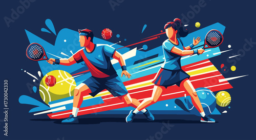Mural style illustration of padel tennis players in action on a vibrant court, highlighting energy, teamwork, competition, and the dynamic spirit of modern racket sports