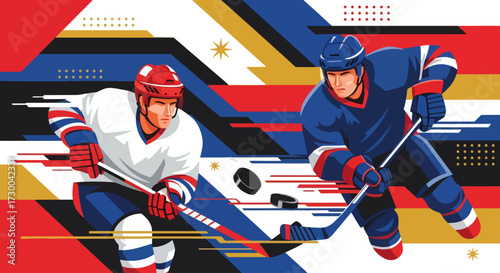 Mural style illustration of ice hockey players in action, showcasing speed, power, and teamwork on the rink with bold geometric shapes and vibrant colors