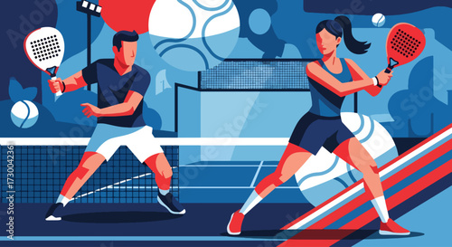 Mural style illustration of padel tennis players in action on a vibrant court, highlighting energy, teamwork, competition, and the dynamic spirit of modern racket sports