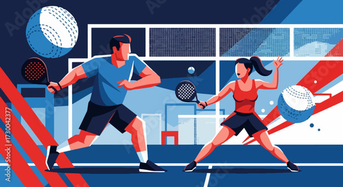Mural style illustration of padel tennis players in action on a vibrant court, highlighting energy, teamwork, competition, and the dynamic spirit of modern racket sports