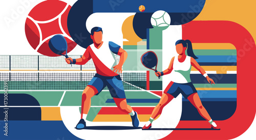 Mural style illustration of padel tennis players in action on a vibrant court, highlighting energy, teamwork, competition, and the dynamic spirit of modern racket sports