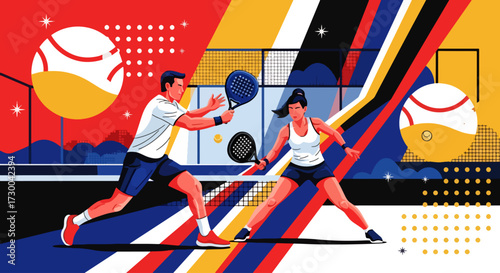 Mural style illustration of padel tennis players in action on a vibrant court, highlighting energy, teamwork, competition, and the dynamic spirit of modern racket sports