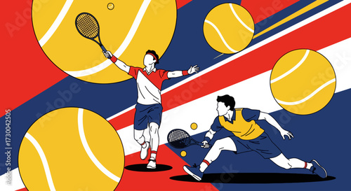 Mural style illustration of two tennis players in action with dynamic strokes and bold shapes, symbolizing sports energy, competition, teamwork, athletic lifestyle, and fitness inspiration