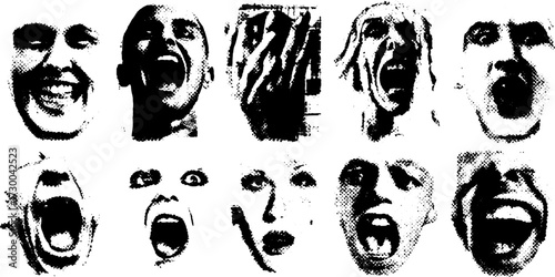 Face expressions showing various screams. Black and white vector illustration featuring a dynamic set of images with contrasting styles.