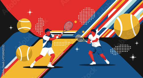 Mural style illustration of two tennis players in action with dynamic strokes and bold shapes, symbolizing sports energy, competition, teamwork, athletic lifestyle, and fitness inspiration