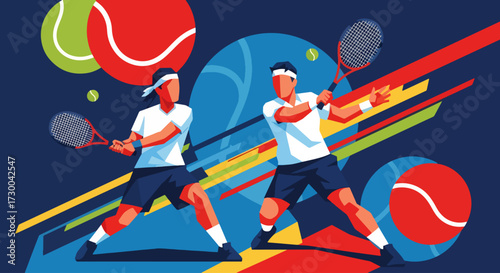 Mural style illustration of two tennis players in action with dynamic strokes and bold shapes, symbolizing sports energy, competition, teamwork, athletic lifestyle, and fitness inspiration
