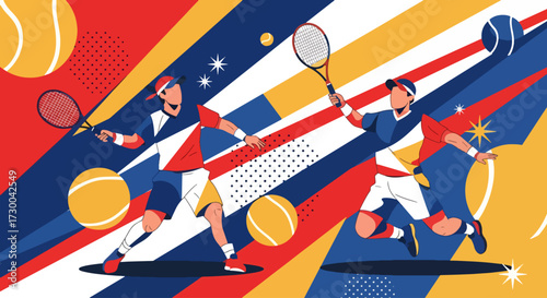Mural style illustration of two tennis players in action with dynamic strokes and bold shapes, symbolizing sports energy, competition, teamwork, athletic lifestyle, and fitness inspiration