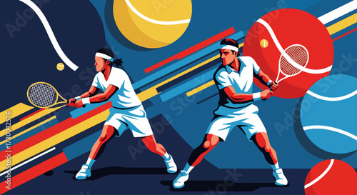 Mural style illustration of two tennis players in action with dynamic strokes and bold shapes, symbolizing sports energy, competition, teamwork, athletic lifestyle, and fitness inspiration