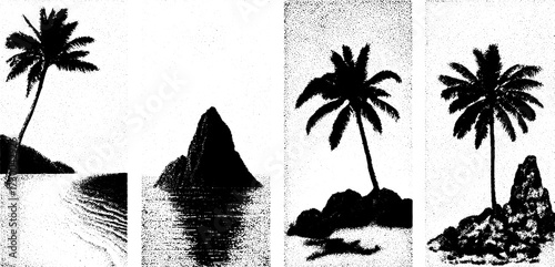 Silhouette of palm trees on coastal islands in monochrome. Simple vector illustration capturing tranquil natural scenery.