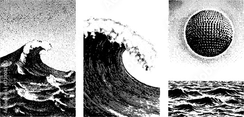 Wave and sea illustration in black and white style. A graphic set depicting dynamic water elements in a fine vector illustration.