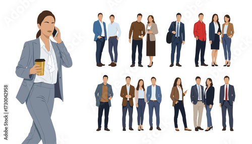Vector art of a collection of diverse business people standing and talking on the phone 