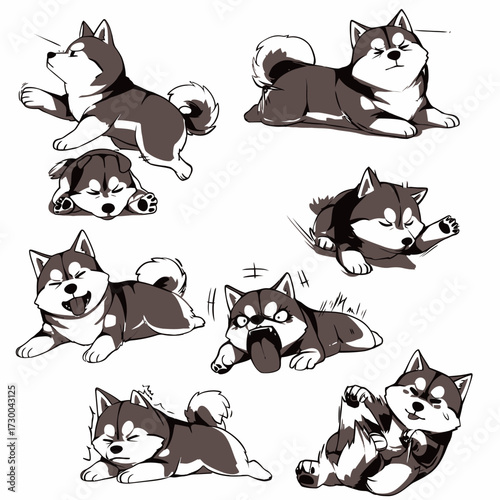 Eight cute shiba inu characters are shown in playful poses and expressions, showcasing their joyful and quirky personalities in simple black and white illustrations.