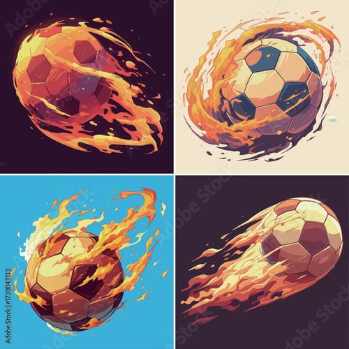 Dynamic scene showing four soccer balls in vibrant motion, each surrounded by flames, capturing the energy of a thrilling sports moment. The colorful designs add excitement.