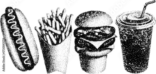 Fast food vector illustration set featuring hamburger, hotdog, fries, and drink. Simple black and white graphic.