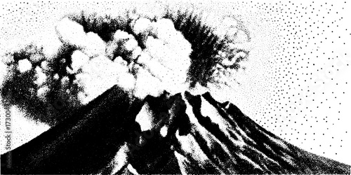 Digital illustration of a volcano eruption with black and white texture. The image showcases smoke and particles in a vector format.