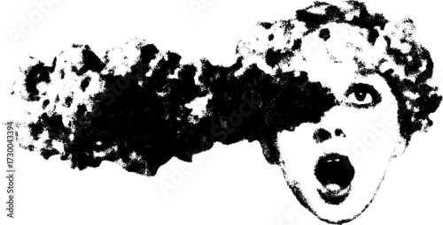Striking face illustration with a dynamic scream expression. Monochrome art features texture, creating a unique vector illustration.