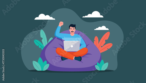 Vector art of man sitting on a beanbag chair with a laptop, working remotely and celebrating success, surrounded by plants and clouds 