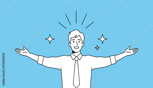 Vector art of smiling man in a shirt and tie with arms outstretched and sparkling stars around his head, representing success and happiness 