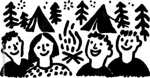 Camping with friends around a fire in nature. Simple vector illustration featuring a group smiling with tents and trees in a set.