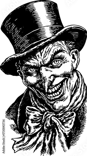 Menacing villain character with a top hat and scarf. Detailed black and white vector illustration showcasing expressive facial features.