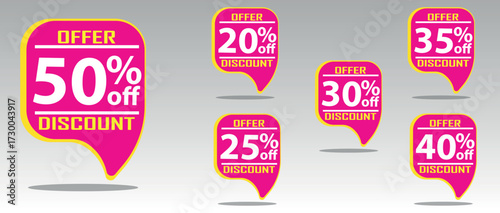 Discount buy now label pop-up banner with different sale percentage. 20, 25, 30, 35, 40, 50 percent off price reduction badge promotion, red discount sale tags with percentages	