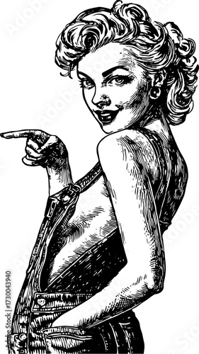 Vintage girl illustration in black and white style. Playful character vector with glamorous outfit and confident pose, perfect for trendy graphics.