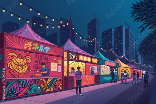 Dynamic Festival Night Market With Neon Stalls Bold Vect Creative Visual