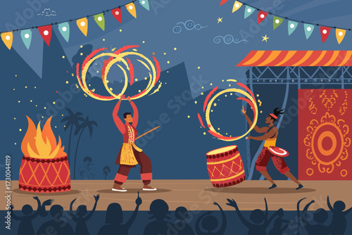 Depicting Festival Stage With Fire Dancers And Drums Bold Crisp Creative Visual