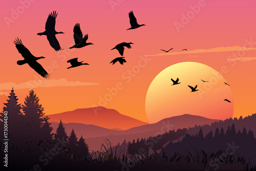 Featuring Flying Birds Silhouette Against Glowing Sunset Dynamic Creative Visual