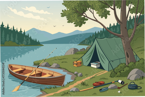 Stunning Fishing Gear And Boat Lakeside Campsite Bold Creative Visual