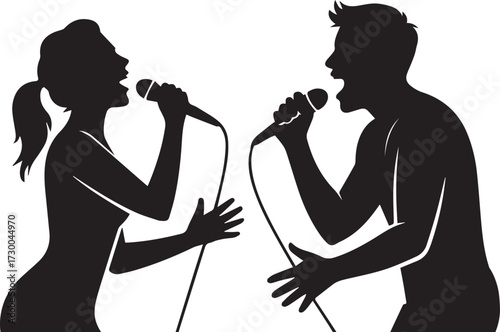 A woman and a man singing with a microphone silhouette vector, black and white silhouette vector illustration