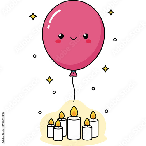An adorable cartoon balloon mascot with a sweet smile, celebrating a special occasion with candles. This simple and heartwarming illustration is ideal for nursery art, stickers or t-shirts.