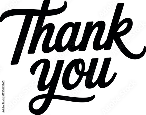 Elegant black cursive "Thank you" text on a clean white background, conveying gratitude and appreciation.
