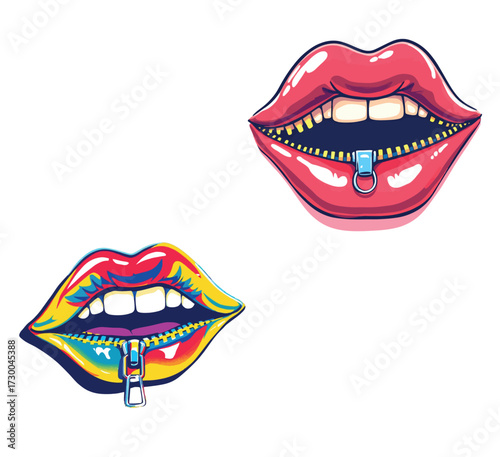 Vsai lips with zipper symbolizing silence and secret pop art