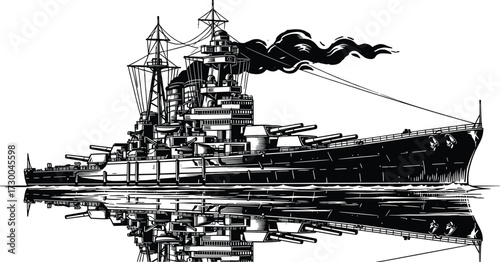Battleship Silhouette with Reflection – Black and White Vector Illustration for Naval, Military, Historical, and Engineering Concept Design Use