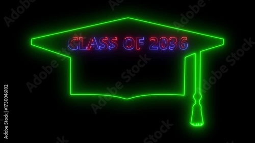 glowing icon panorama sign with student hat, as a class 2036. mortarboard hat and text  on black background. 