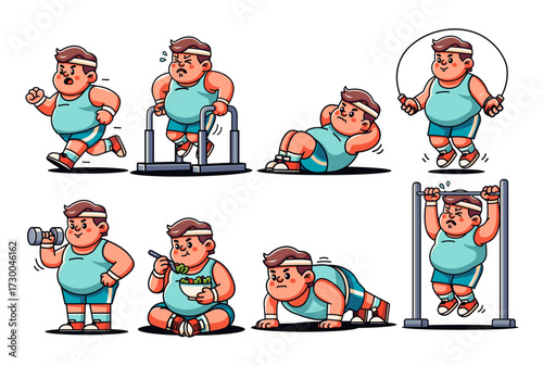 Fat man exercising for diet, cartoon vector. Suitable for diet, health and lifestyle