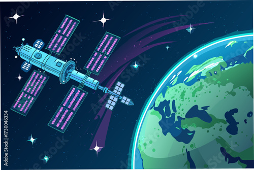 Futuristic Space Station Orbiting Earth Bold Vec High-Quality Stock Image Great for Commercial Proje